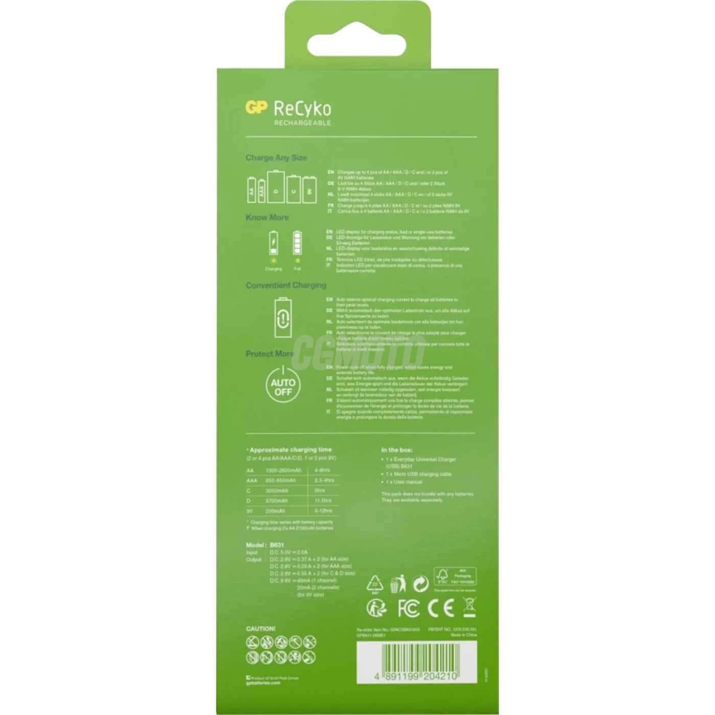 Cargador universal GP B631 Recharge : AA / AAA / C / D / 9V NiMH - pilas no incluidas