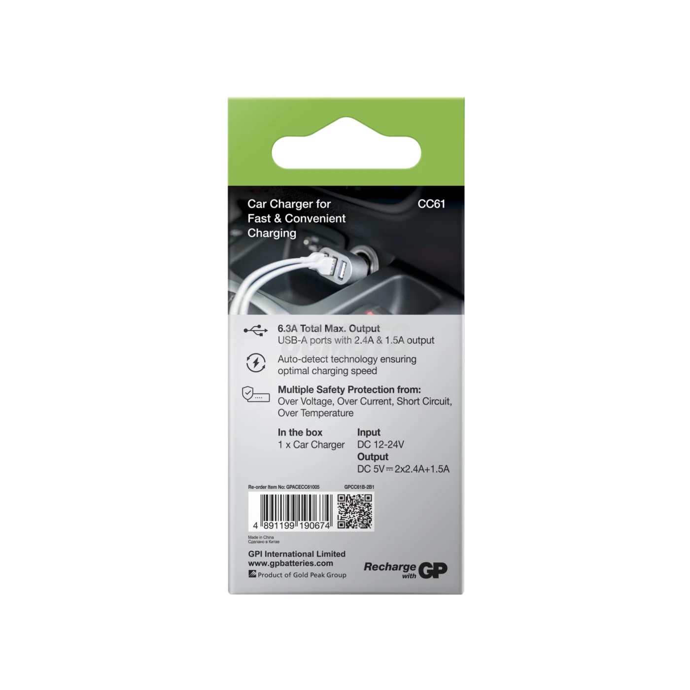 GP Cargador de coche CC61 - USB - 2 ports USB 2 4A + 1 port USB 1 5A